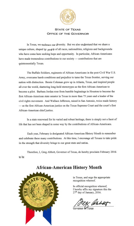 Proclamation naming February 2016 to be African-American History Month in Texas