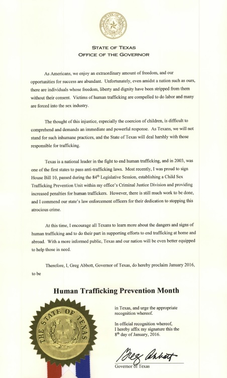 Proclamation declaring January as Human Trafficking Prevention Month in Texas