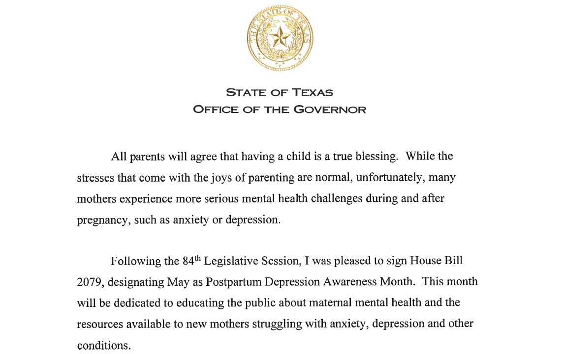 Proclamation declaring May as Postpartum Depression Awareness Month in Texas