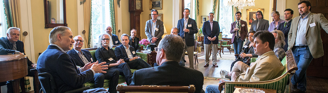 Gov. Abbott speaks to music industry executives during a reception at the Governor's Mansion during SXSW 2016.