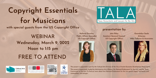 Musicians! Learn about the basics of copyright law and protecting your works through registration with the U.S. Copyright Office. Attorney Gwendolyn Seale will guide the discussion with two staff members of the US Copyright Office; John Riley, Assistant General Counsel, and Holland Gormley, Public Affairs Specialist. Panelists will also address practical issues relating to collaborations and joint ownership of works, and discuss issues pertaining to beats and samples.