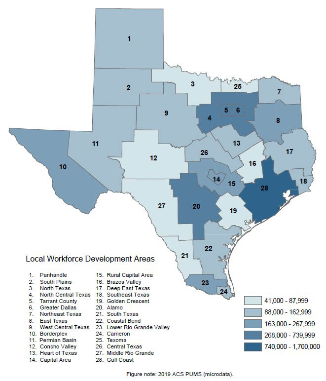 Mature Workers Texas Map. See the appendices in the full report for detailed demographic data for each local workforce development area .