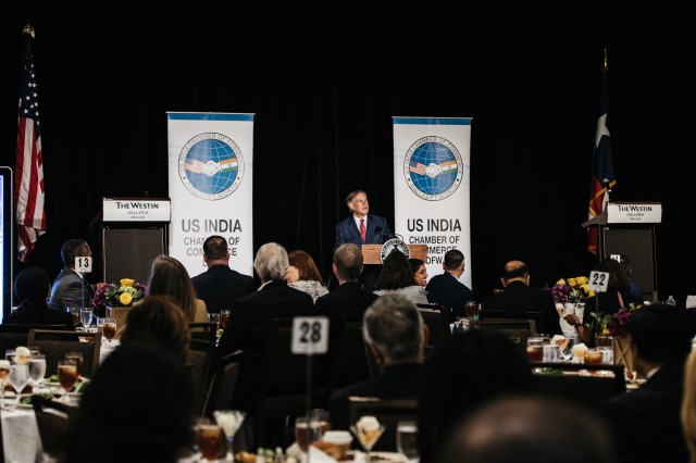 Governor Greg Abbott delivers remarks at the U.S. India Chamber of Commerce's DFW Small Business Forum in Dallas.