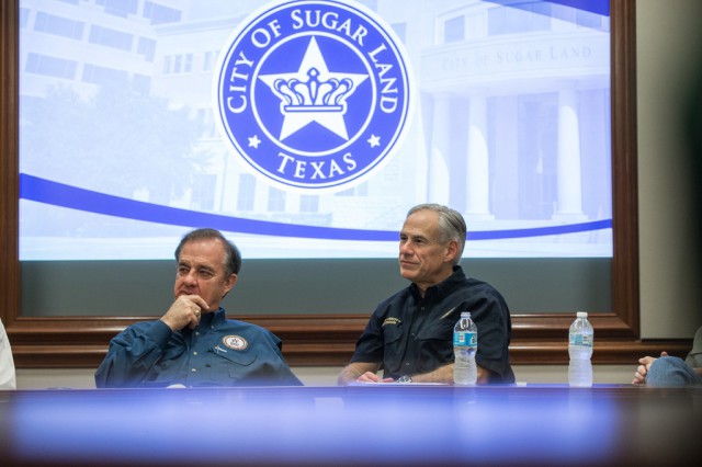 Commissioner Sharp and Gov Abbott meet with Sugar Land local officials to discuss recovery after Hurricane Harvey.
